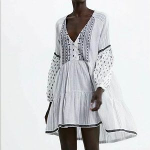 Zara Boho Embroidered Cotton V Neck Mini Dress M